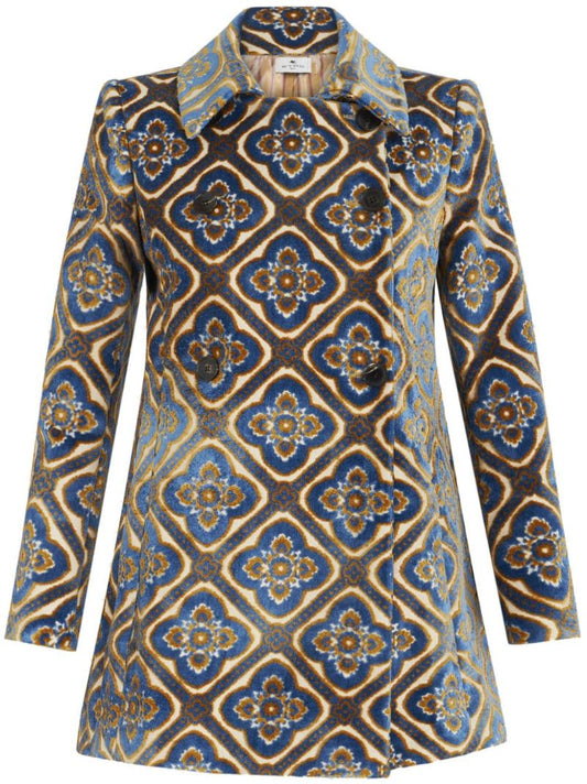 Blue Jacquard Double-breasted Velvet Peacoat