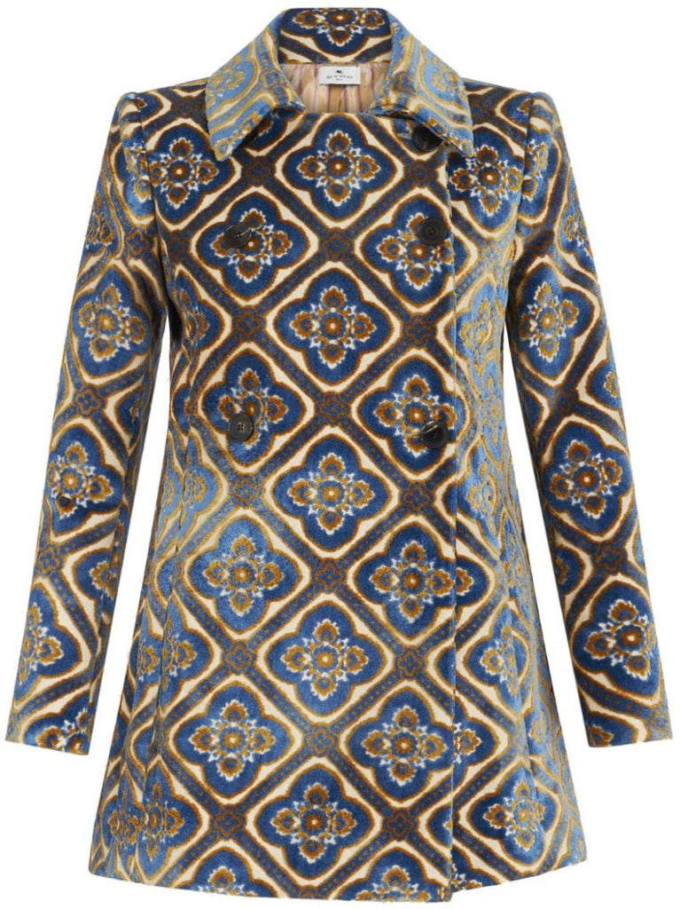 Blue Jacquard Double-breasted Velvet Peacoat