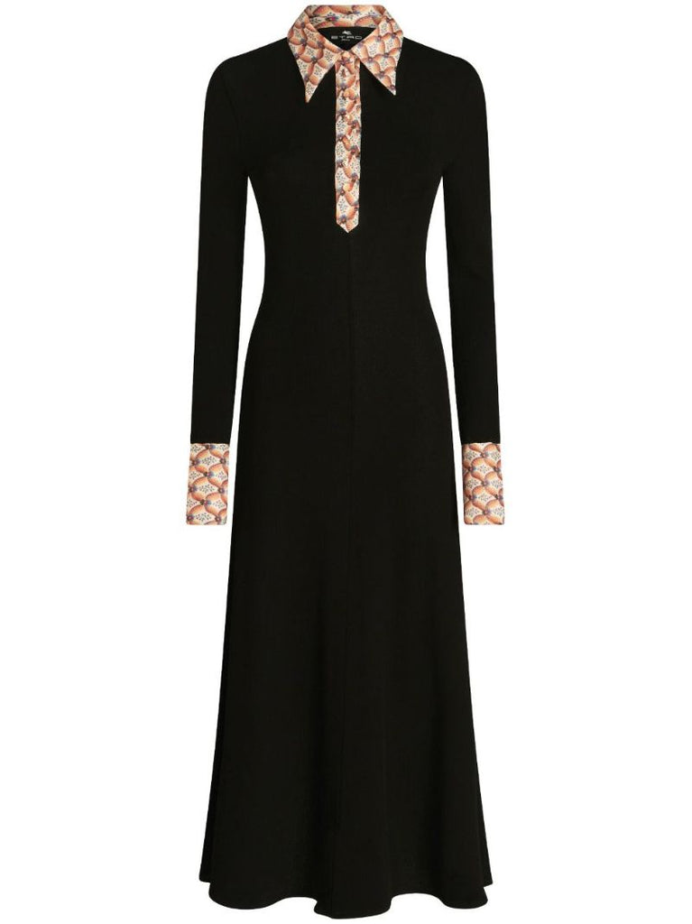 Black Floral-trim Jersey Shirt Dress