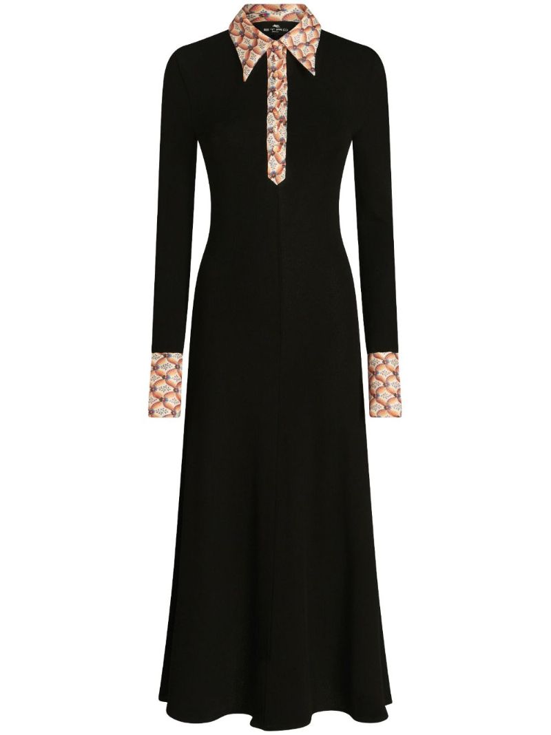 Black Floral-trim Jersey Shirt Dress