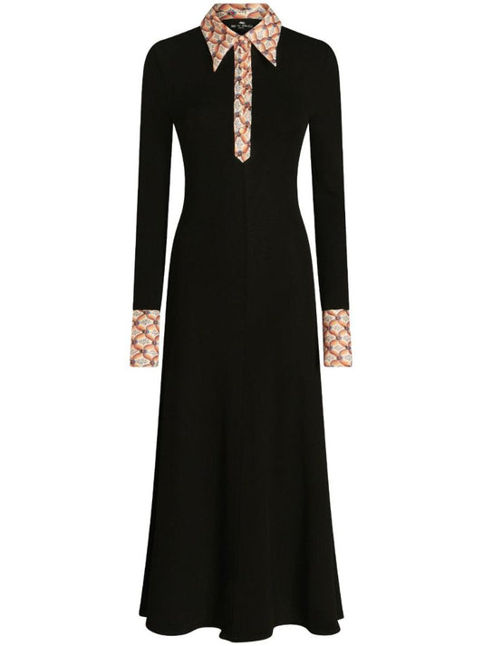 Black Floral-trim Jersey Shirt Dress