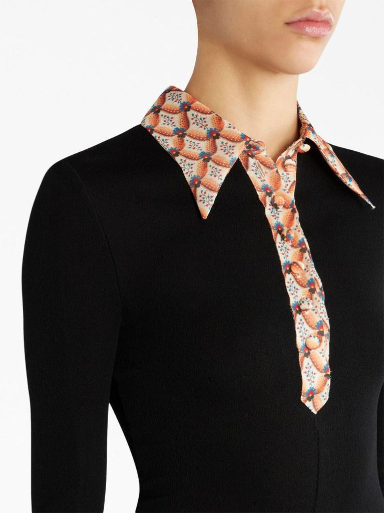 Black Floral-trim Jersey Shirt Dress