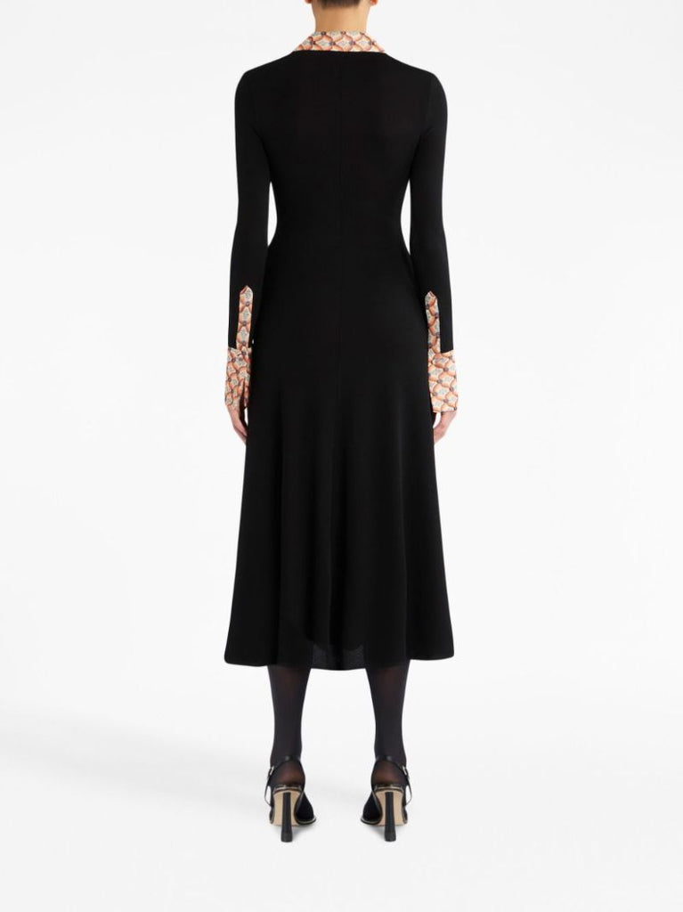 Black Floral-trim Jersey Shirt Dress