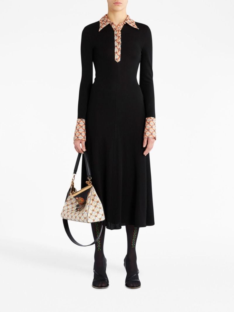 Black Floral-trim Jersey Shirt Dress