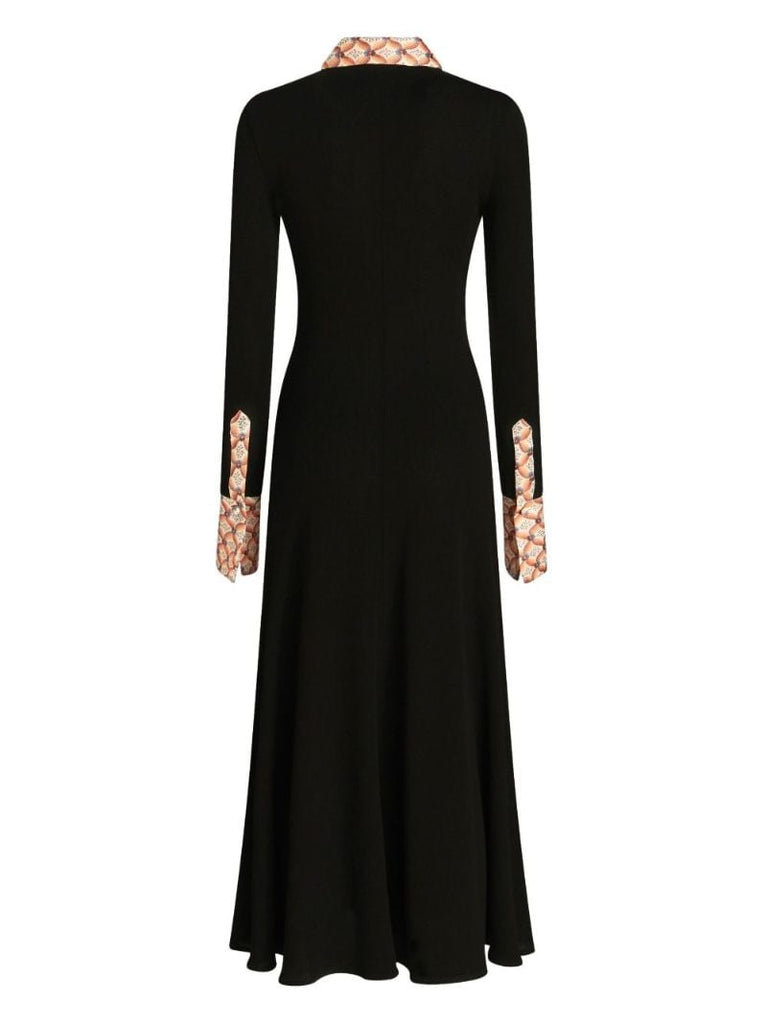 Black Floral-trim Jersey Shirt Dress