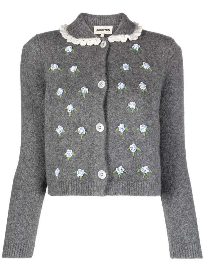 Grey Crochet-trim Floral-embroidered Cardigan