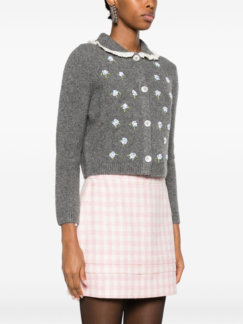 Grey Crochet-trim Floral-embroidered Cardigan