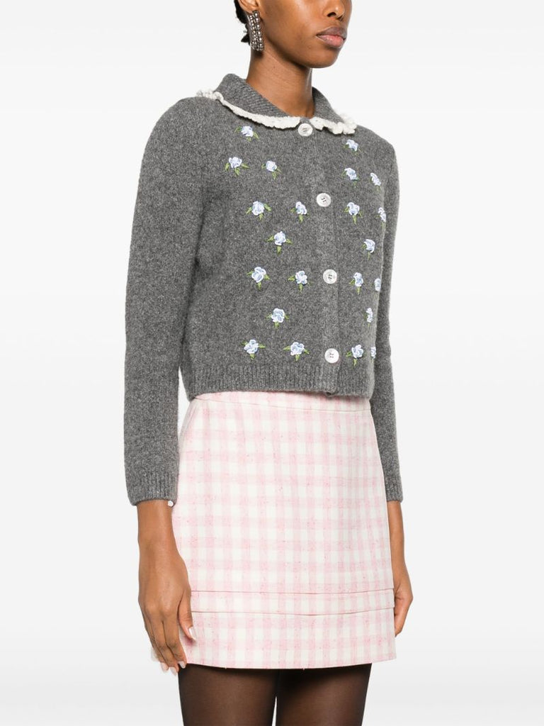 Grey Crochet-trim Floral-embroidered Cardigan