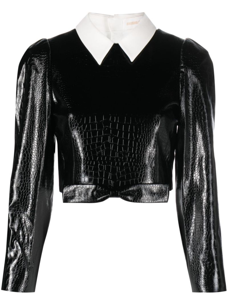 Black Crocodile-effect Faux-leather Top