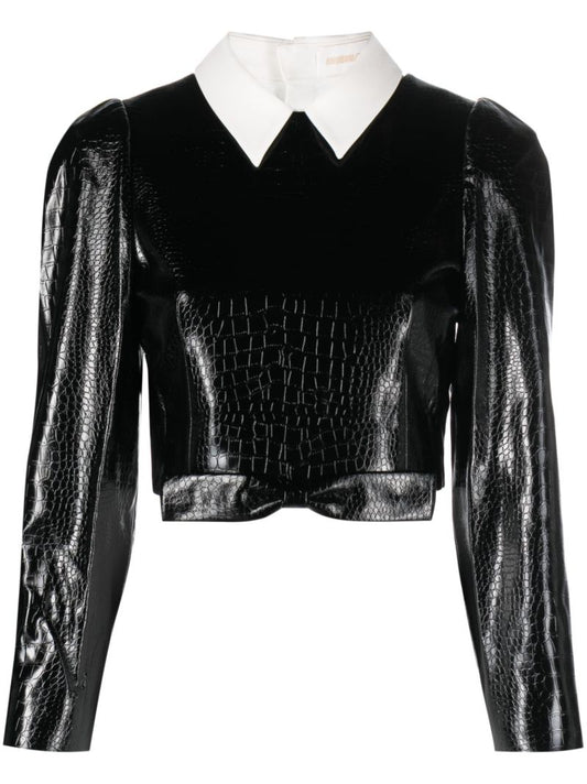 Black Crocodile-effect Faux-leather Top