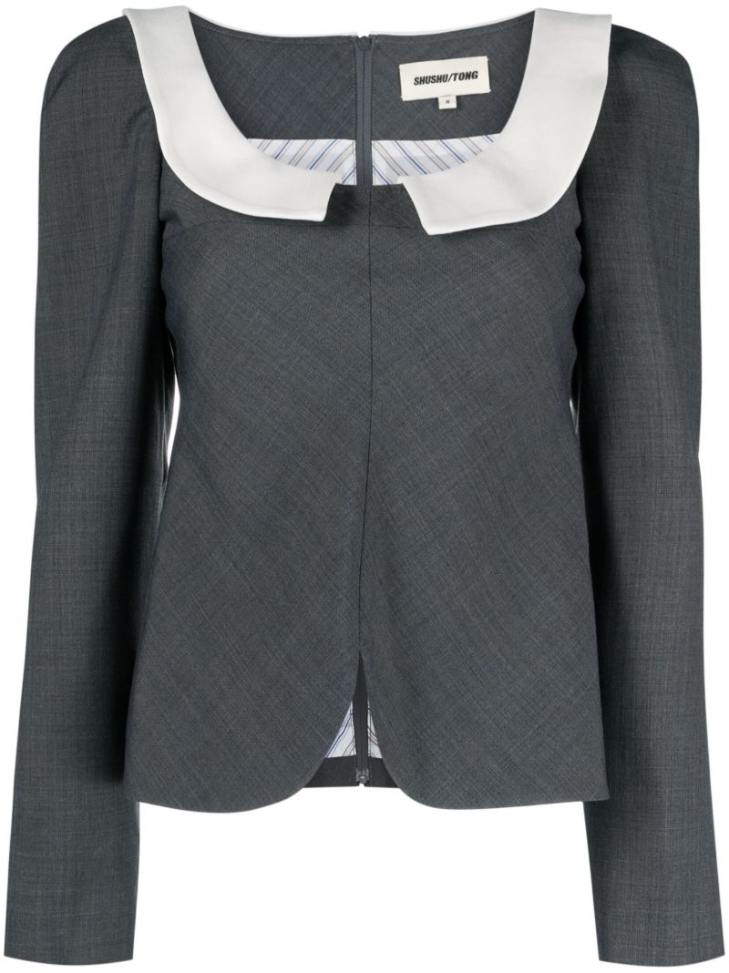 Grey Contrasting Collar Long Sleeve Top