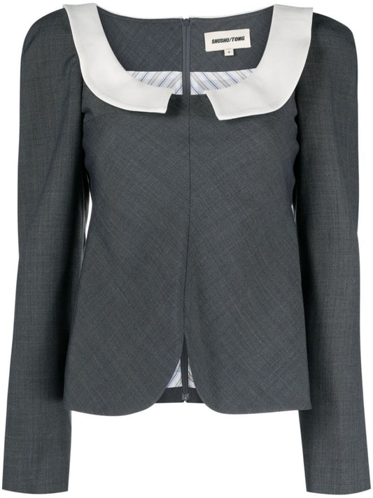 Grey Contrasting Collar Long Sleeve Top