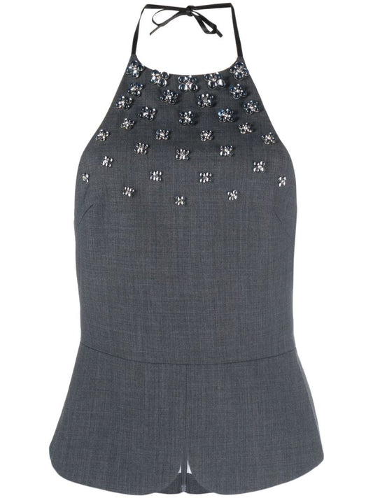 Grey Bead Embellishment Halterneck Top