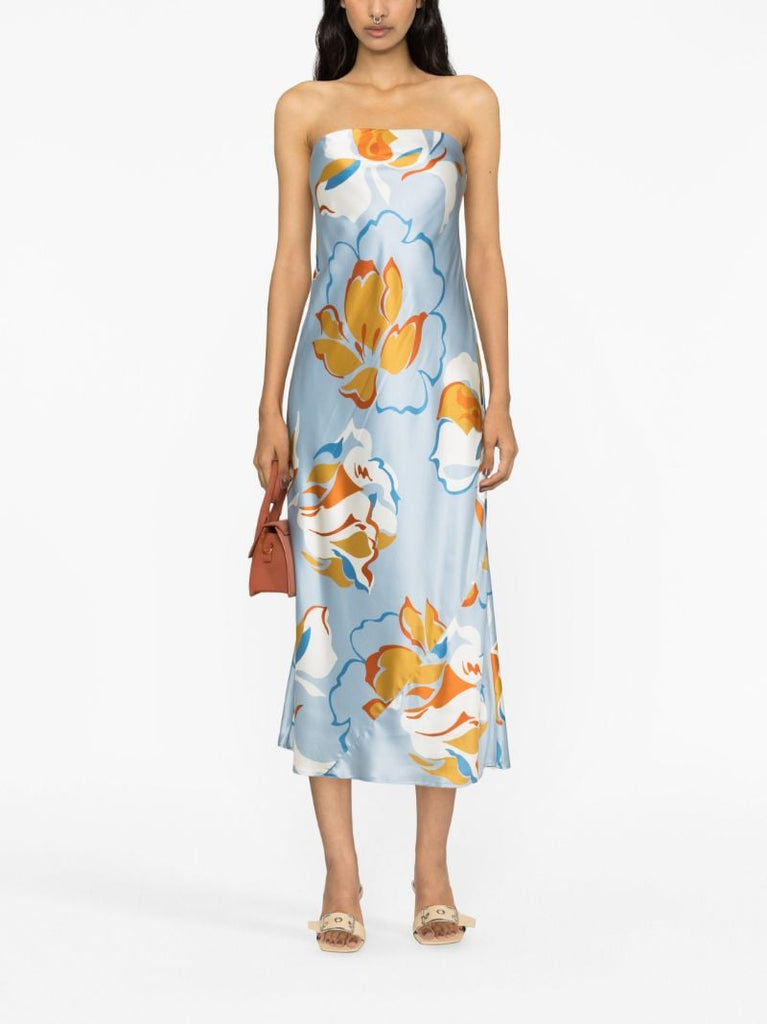Blue Joana Floral Print Silk Dress