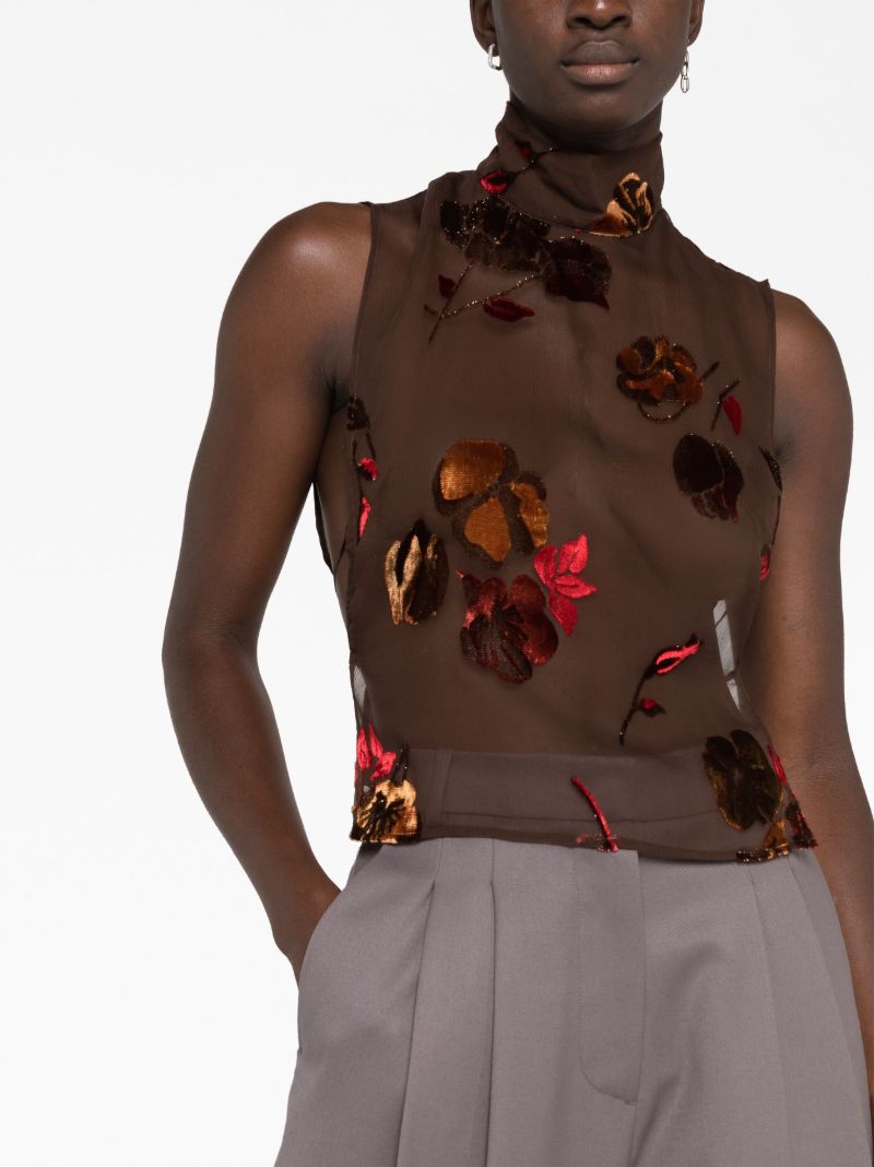 Brown Carma Floral Embroidered Sheer Top