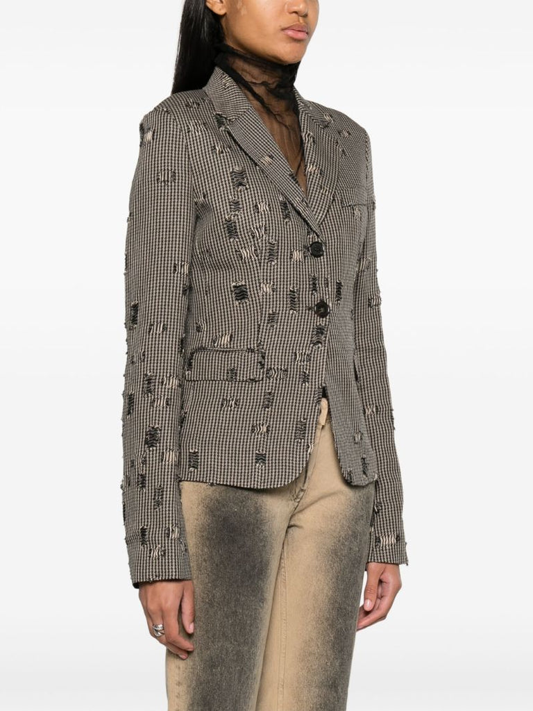 Neutral Distressed Houndstooth Blazer
