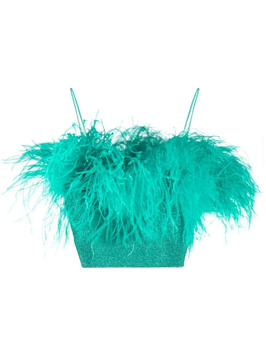 Blue LumiÃ_x0083_Â¨re Feather-trim Crop Top