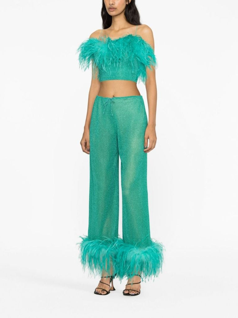 Blue LumiÃ_x0083_Â¨re Feather-trim Crop Top