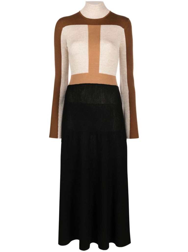 Brown Colour-block Knitted Wool Dress