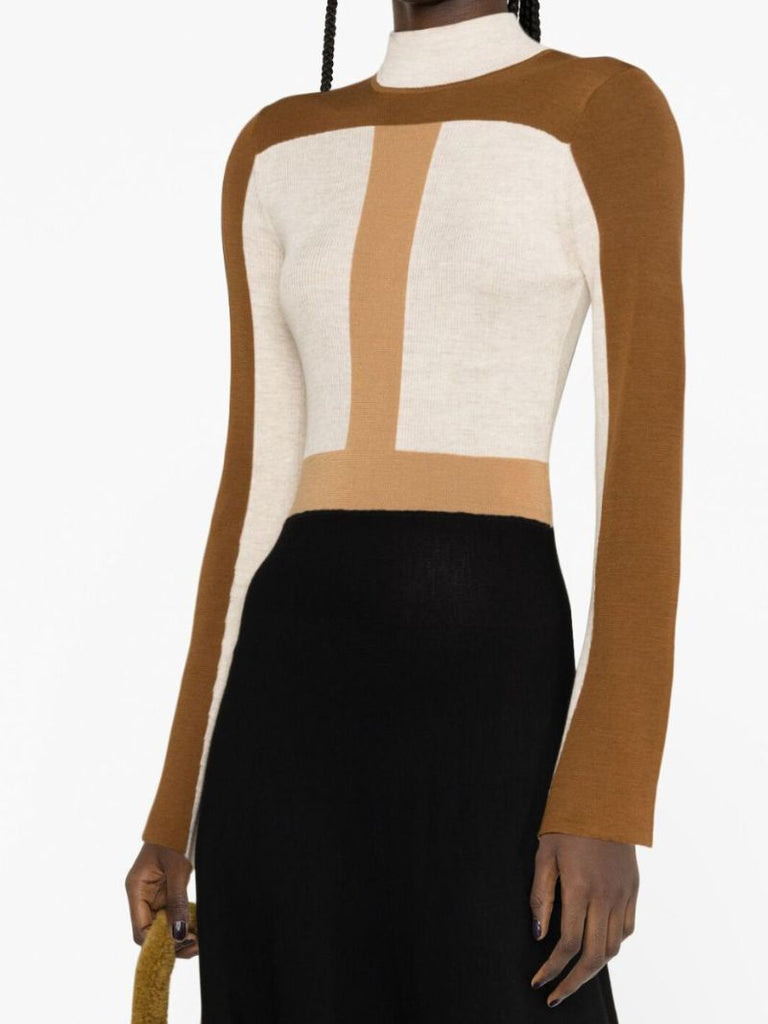 Brown Colour-block Knitted Wool Dress