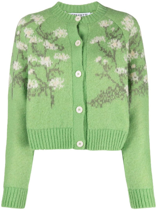Green Claudia Floral-intarsia Wool Cardigan