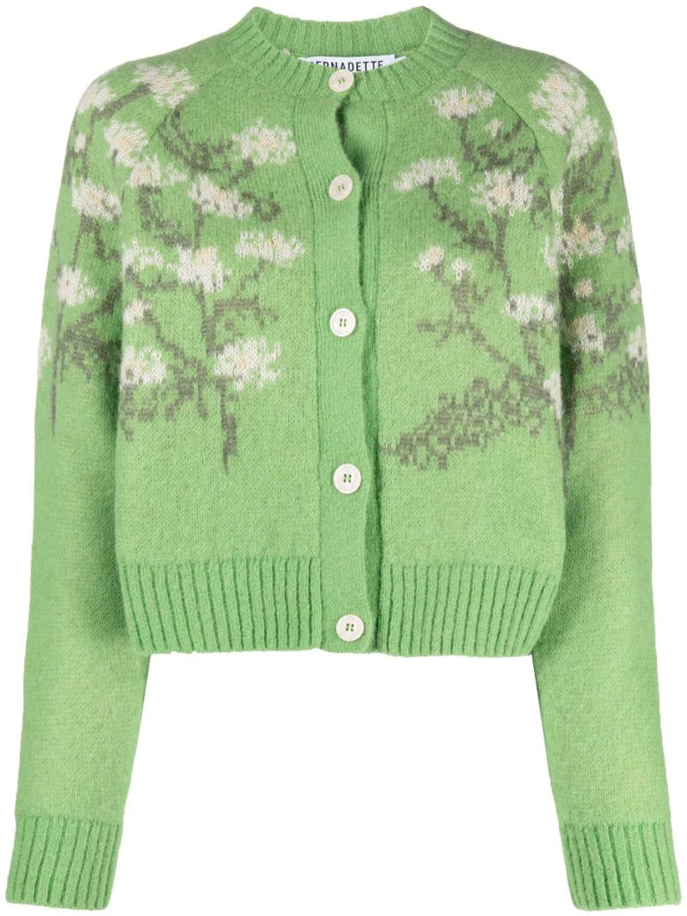 Green Claudia Floral-intarsia Wool Cardigan