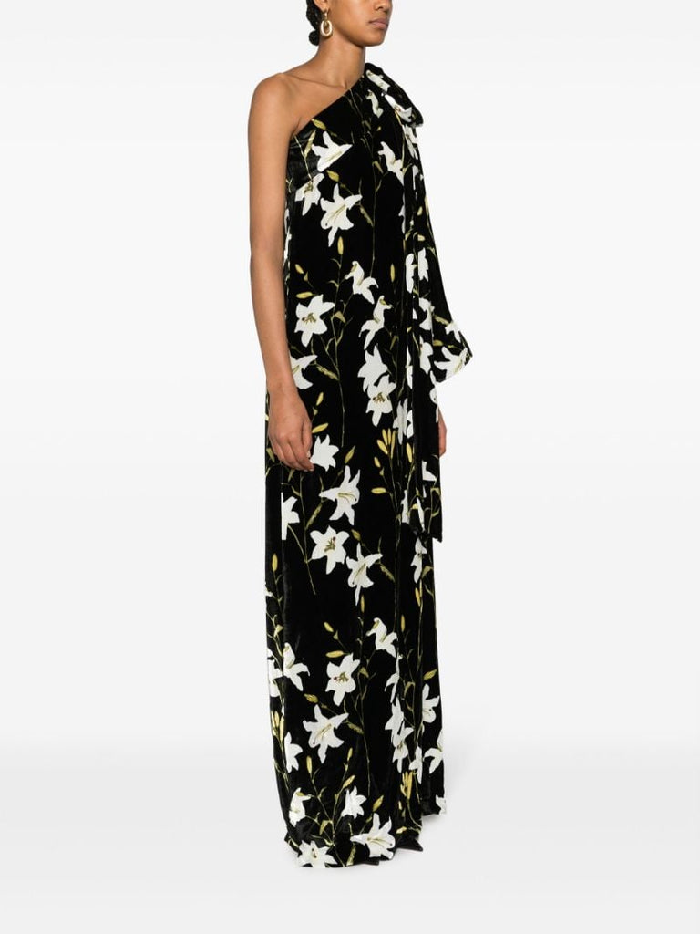 Black Nel Floral-print One-shoulder Maxi Dress