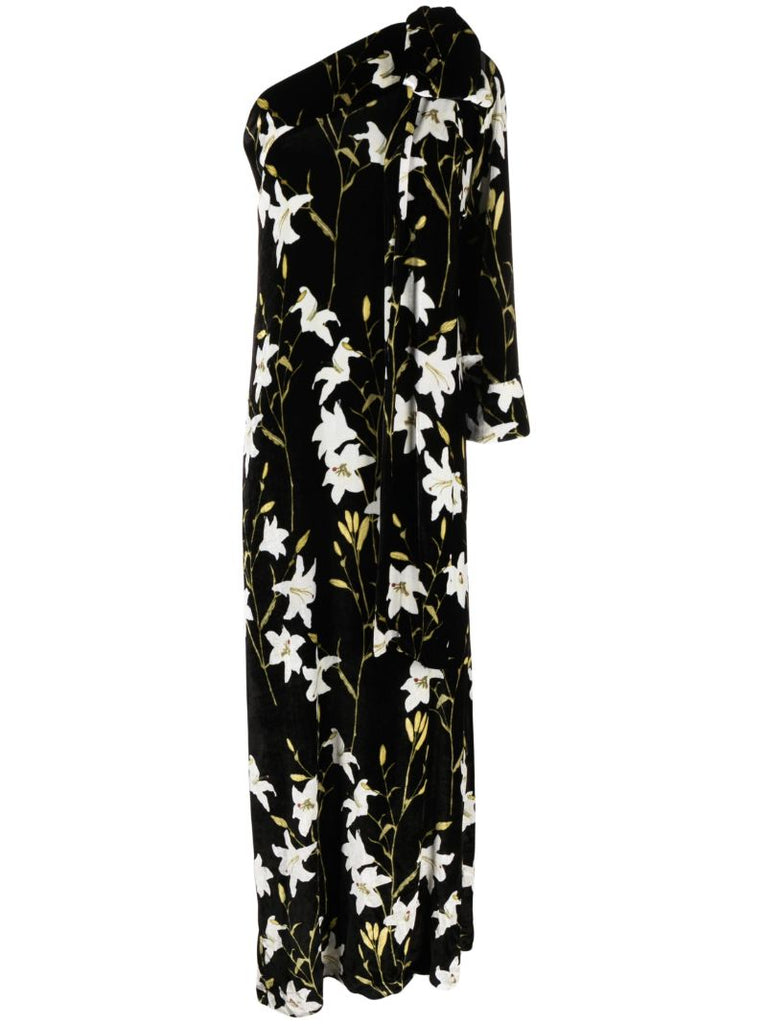 Black Nel Floral-print One-shoulder Maxi Dress