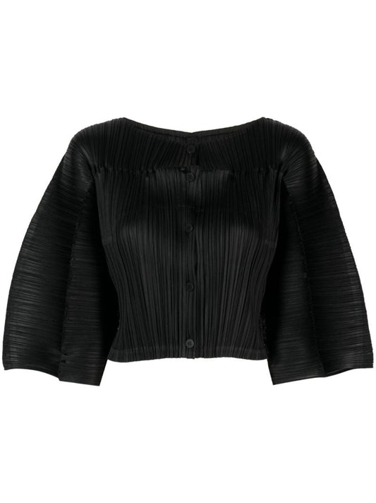 Black PlissÃ© Short-sleeve Cropped Top