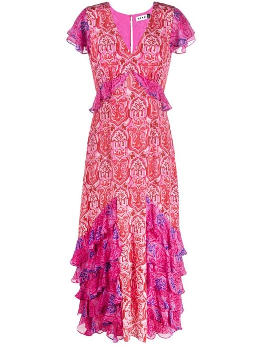 Pink Thanvi Woodblock Print Silk Midi Dress