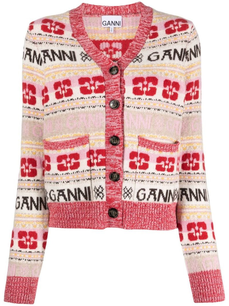 Red Logo-jacquard Wool Cardigan