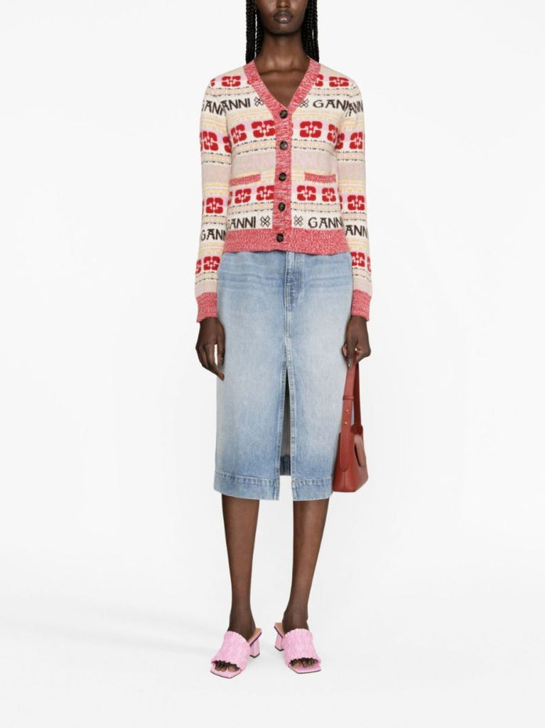 Red Logo-jacquard Wool Cardigan