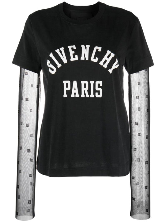 Black 4g-motif Mesh-sleeves T-shirt