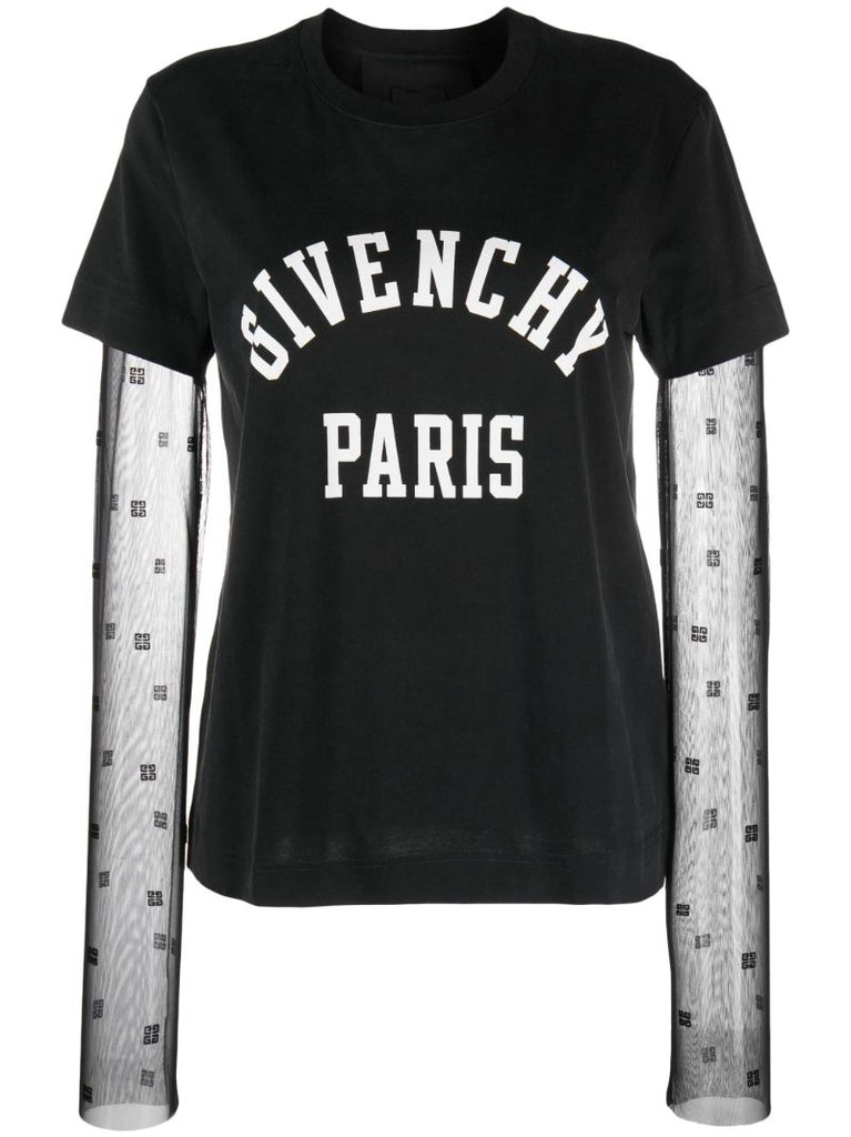 Black 4g-motif Mesh-sleeves T-shirt
