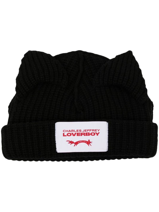Black Chunky Ears Ribbed Wool Beanie