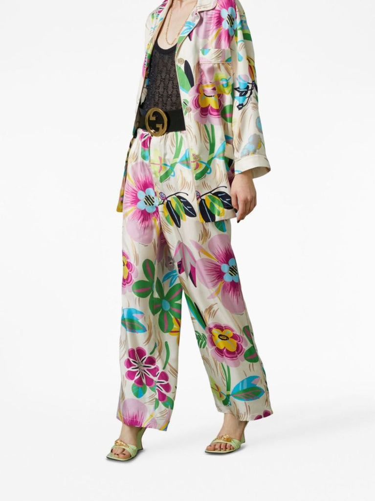 Multicolour Floral-print Silk Trousers
