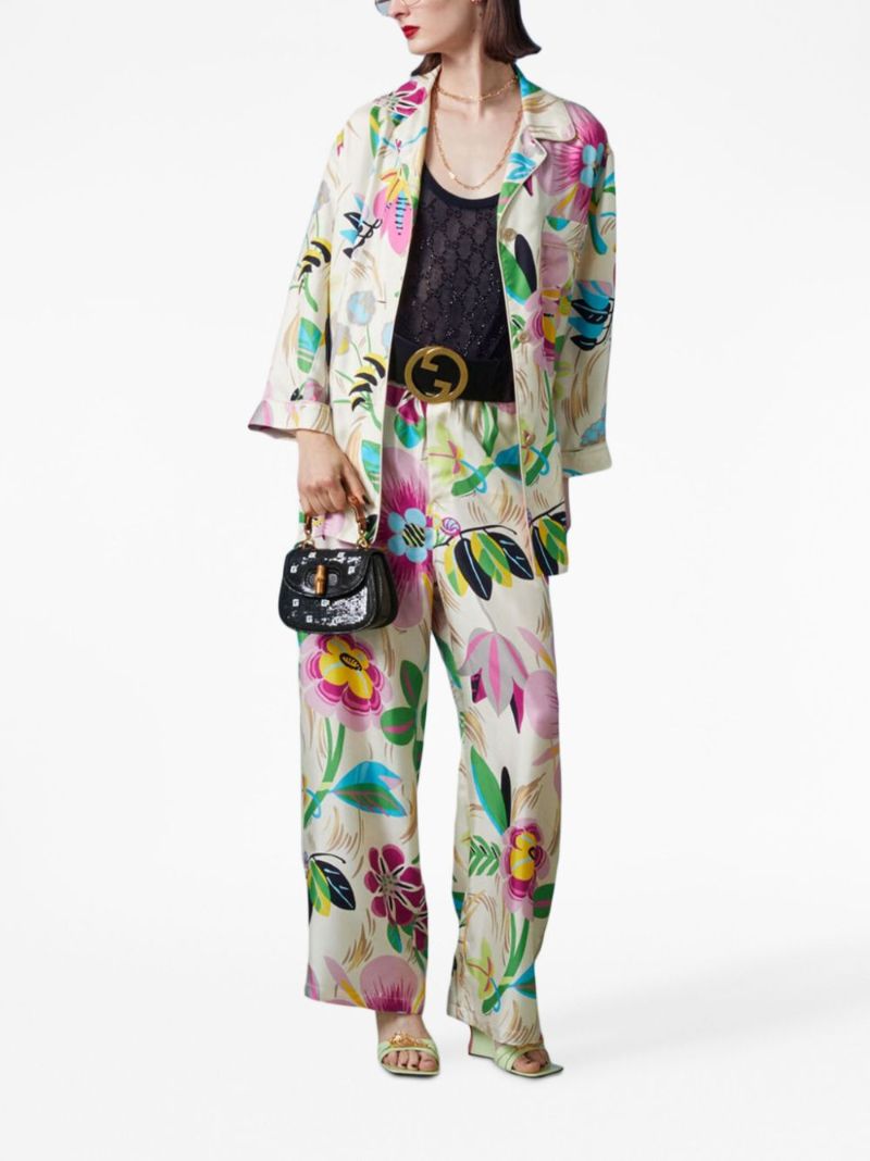 Multicolour Floral-print Silk Trousers