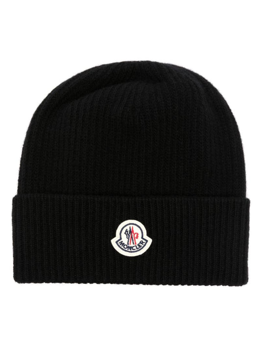 Black Ribbed-knit Beanie Hat