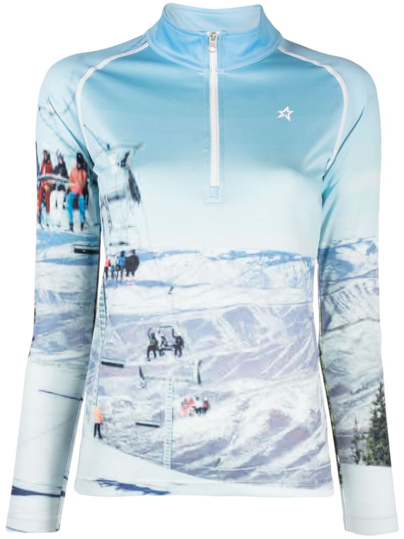 Blue Photograph-print Thermal Ski Base Layer