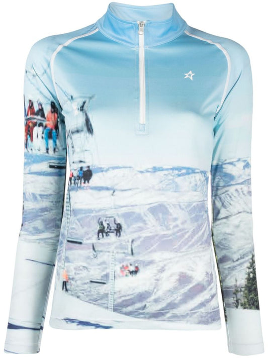 Blue Photograph-print Thermal Ski Base Layer