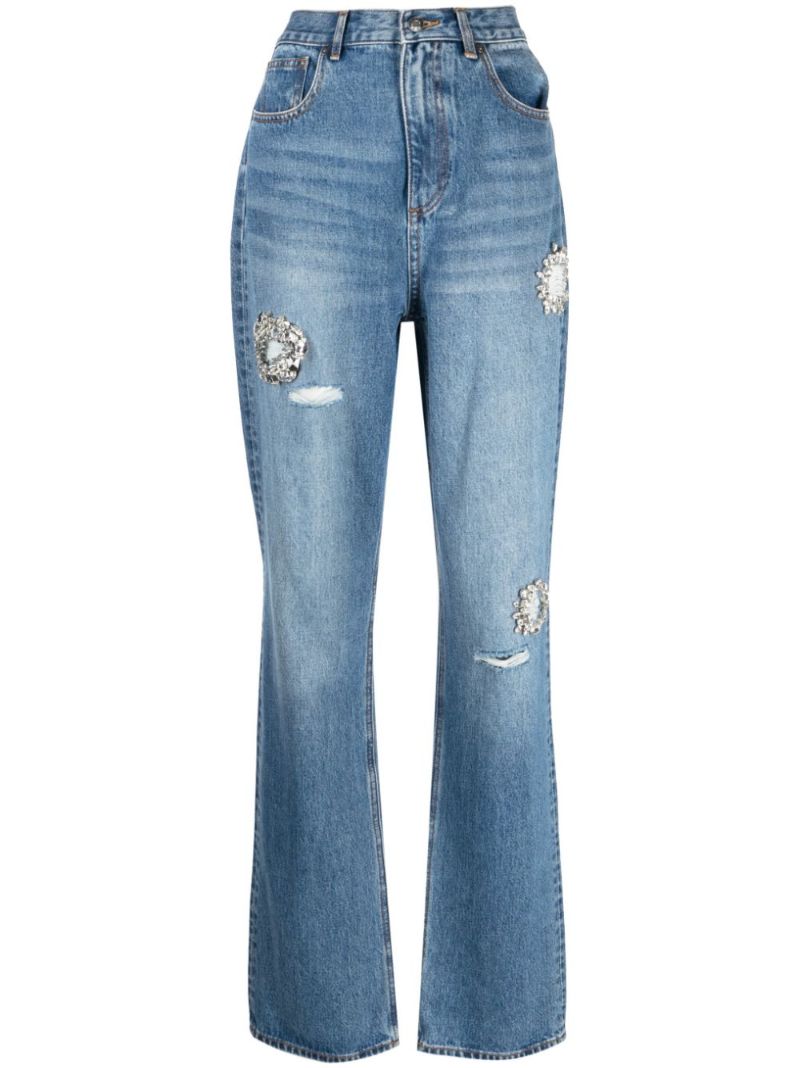 Blue Crystal-embellished Straight-leg Jeans