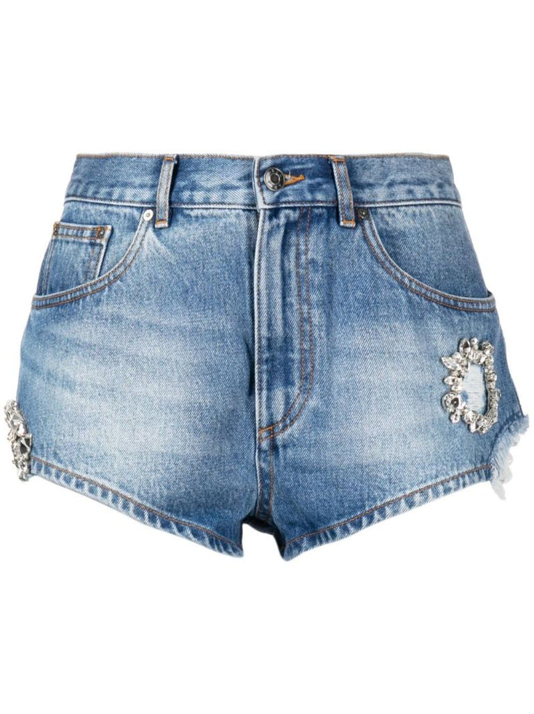 Blue Crystal-embellished Denim Shorts
