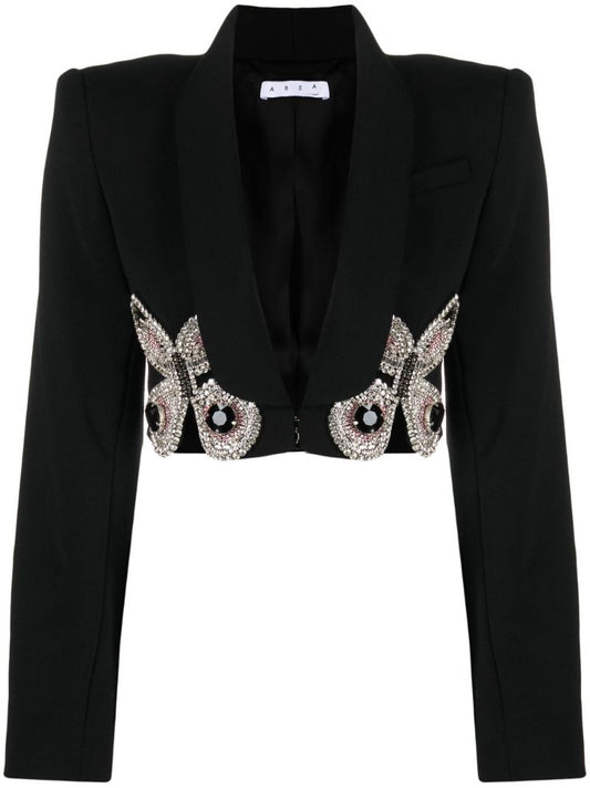 Black Butterfly-embroidered Cropped Blazer