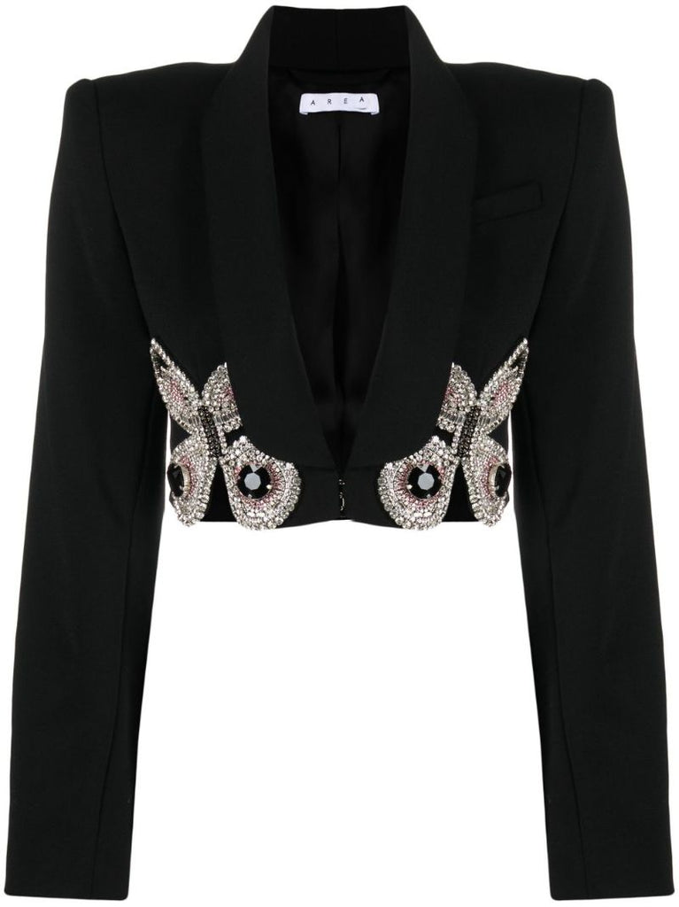 Black Butterfly-embroidered Cropped Blazer
