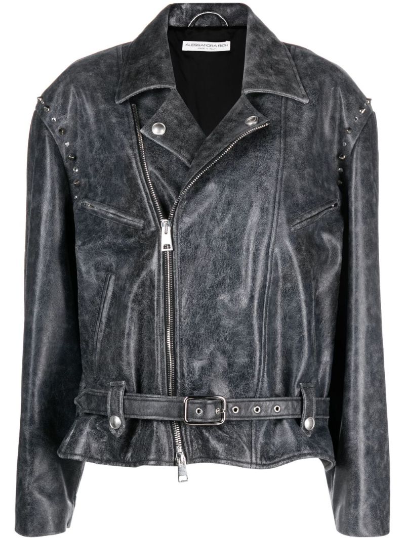 Grey Studded Leather Biker Jacket