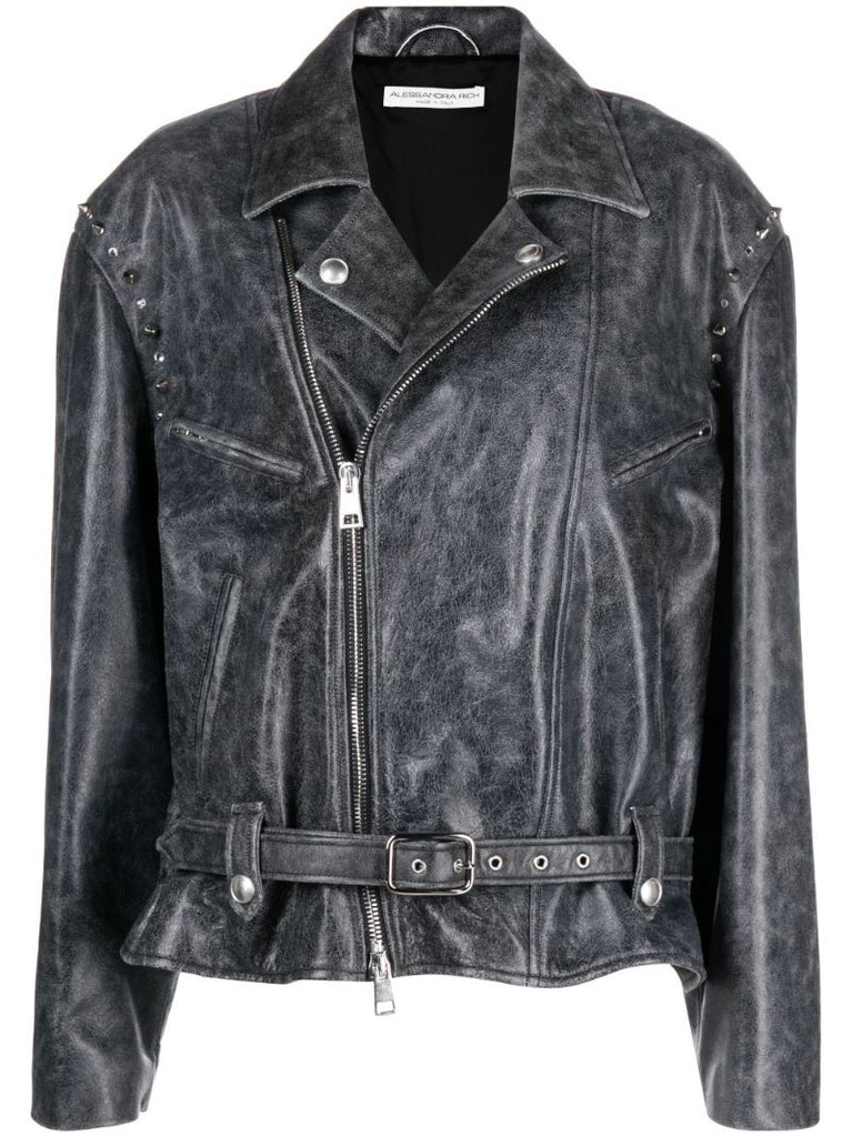 Grey Studded Leather Biker Jacket