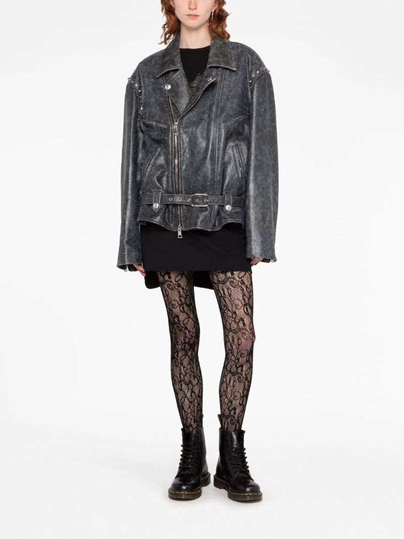 Grey Studded Leather Biker Jacket