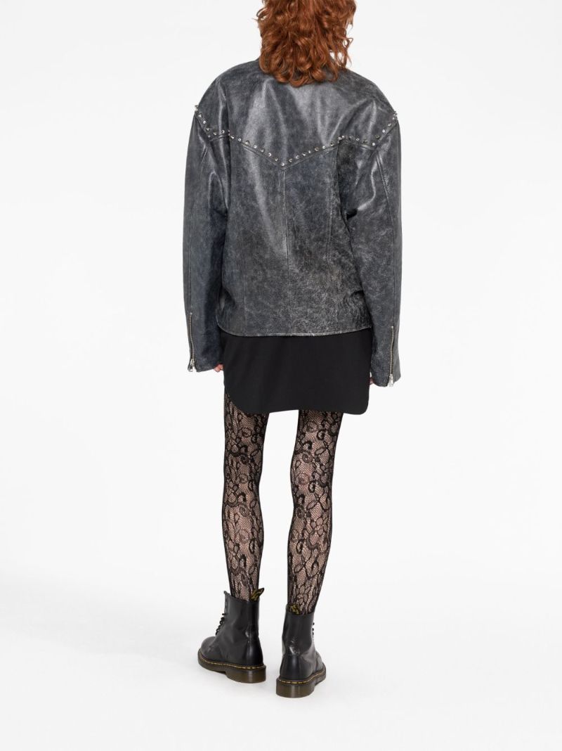 Grey Studded Leather Biker Jacket