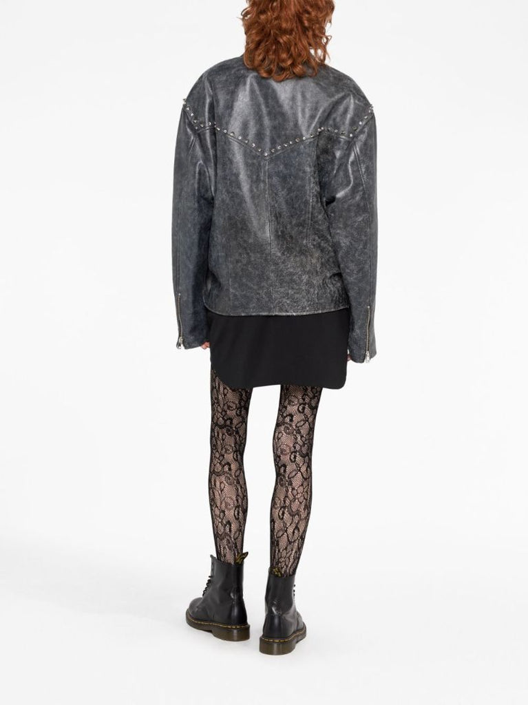 Grey Studded Leather Biker Jacket