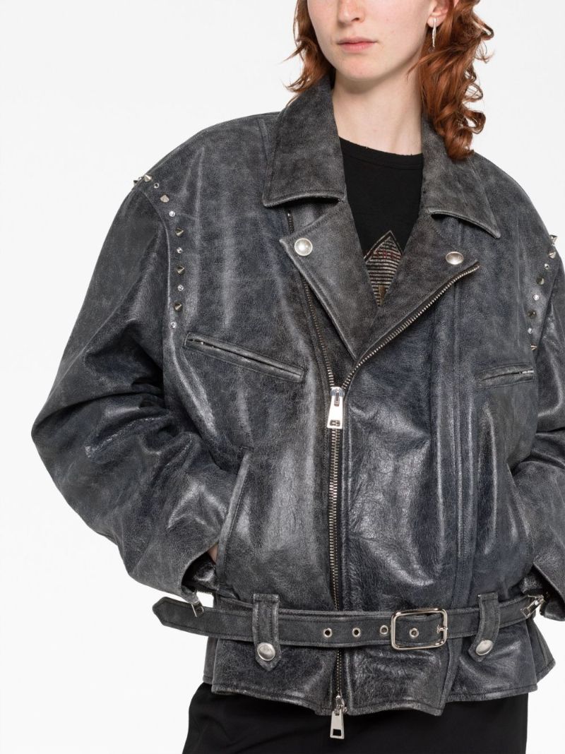 Grey Studded Leather Biker Jacket
